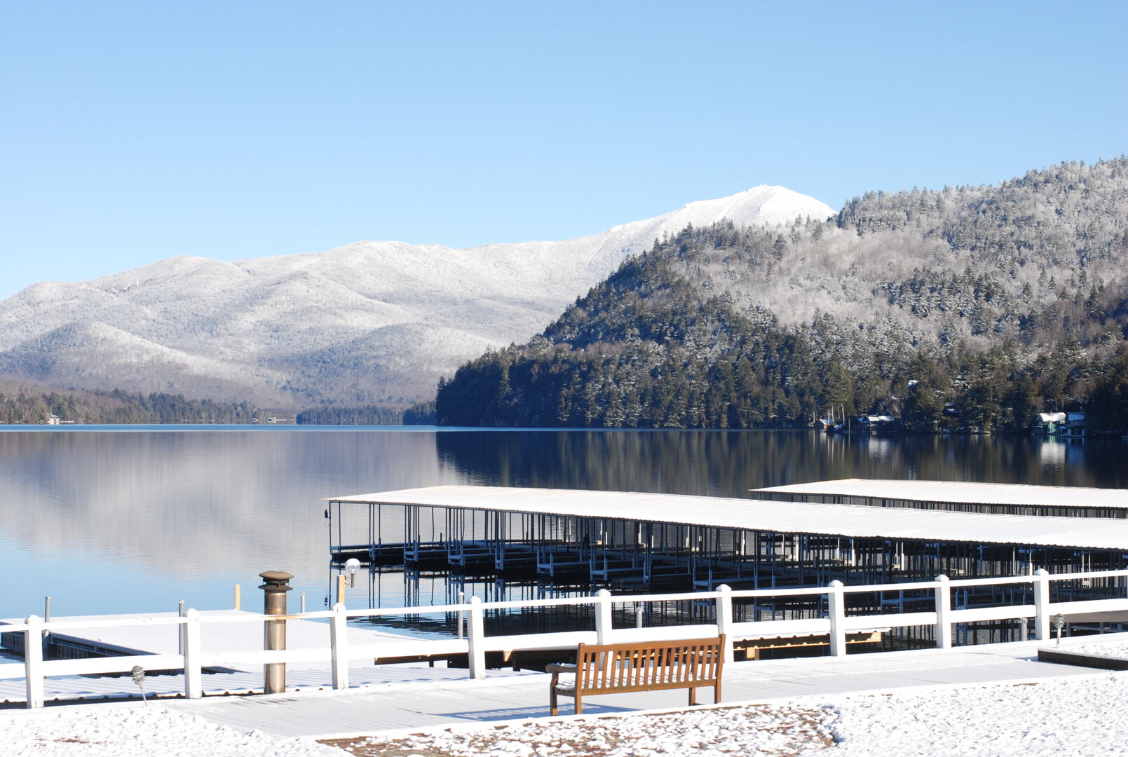 Lake Placid marina in winter with Whiteface Mountain in the back