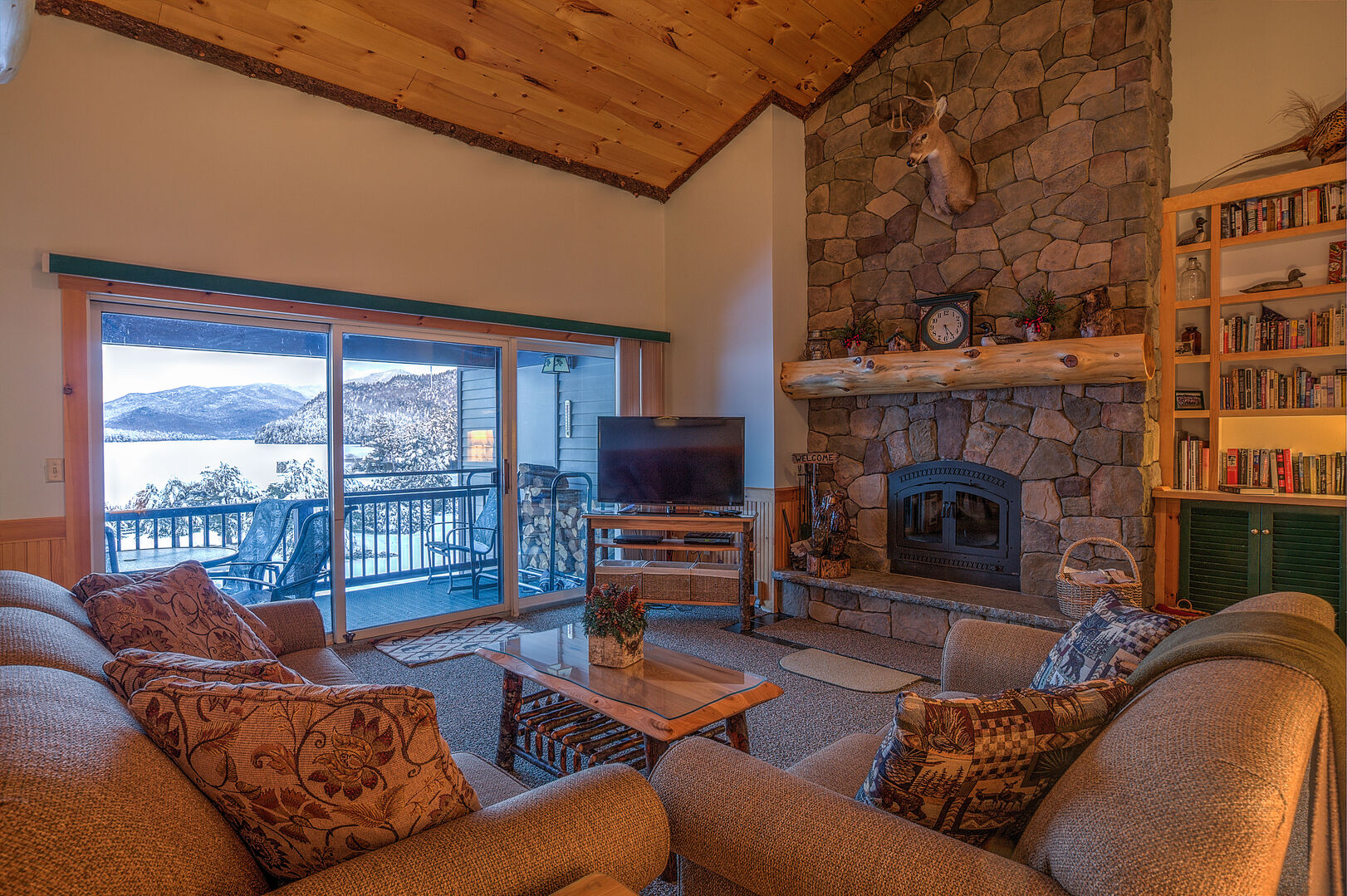 cozy living room at a Lake Placid condo during winter