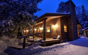 Adirondack log cabin during winter