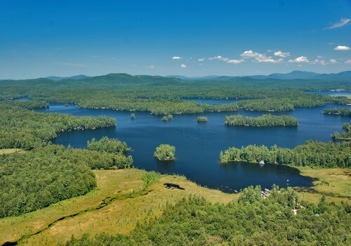 Aerial view of St. Regis Lake and Spitfire Lakes in New York State's Adirondacks.